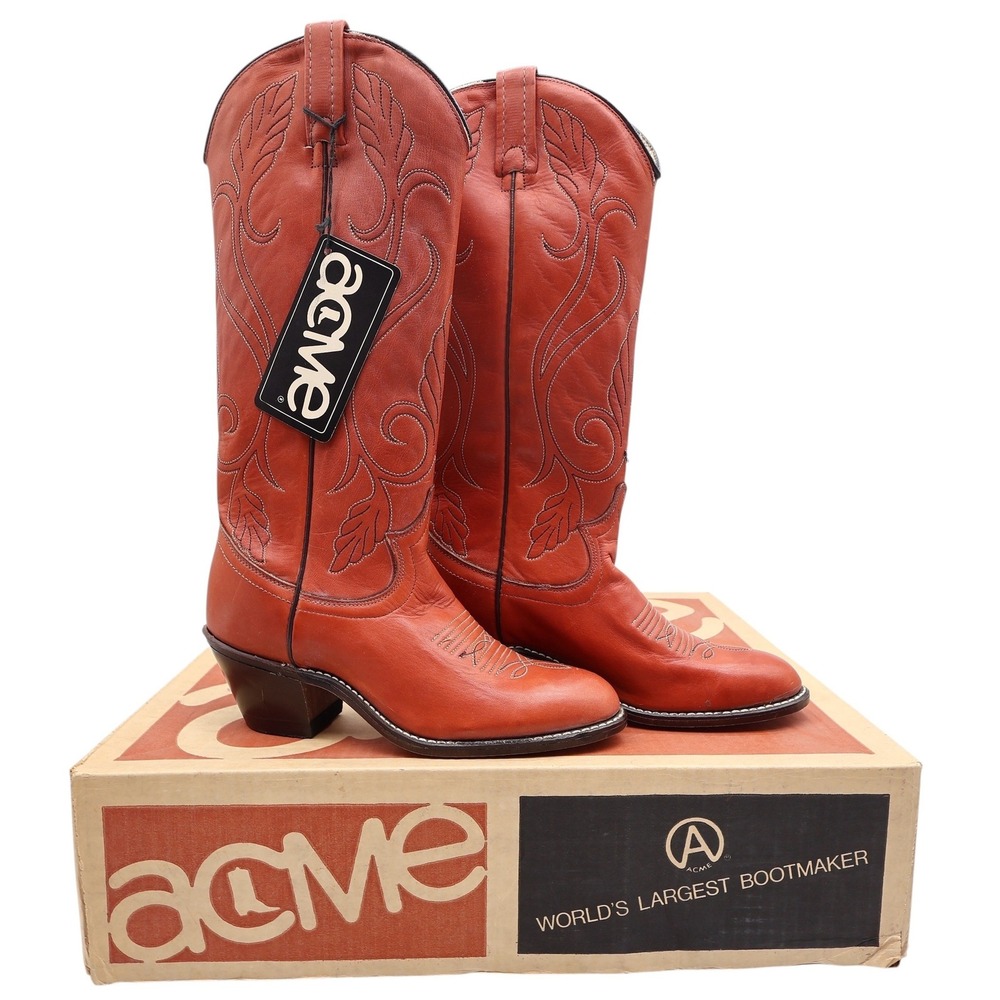 Acme Vintage 70s Western Boots Womens 6 Rust Leather Deadstock New NWT